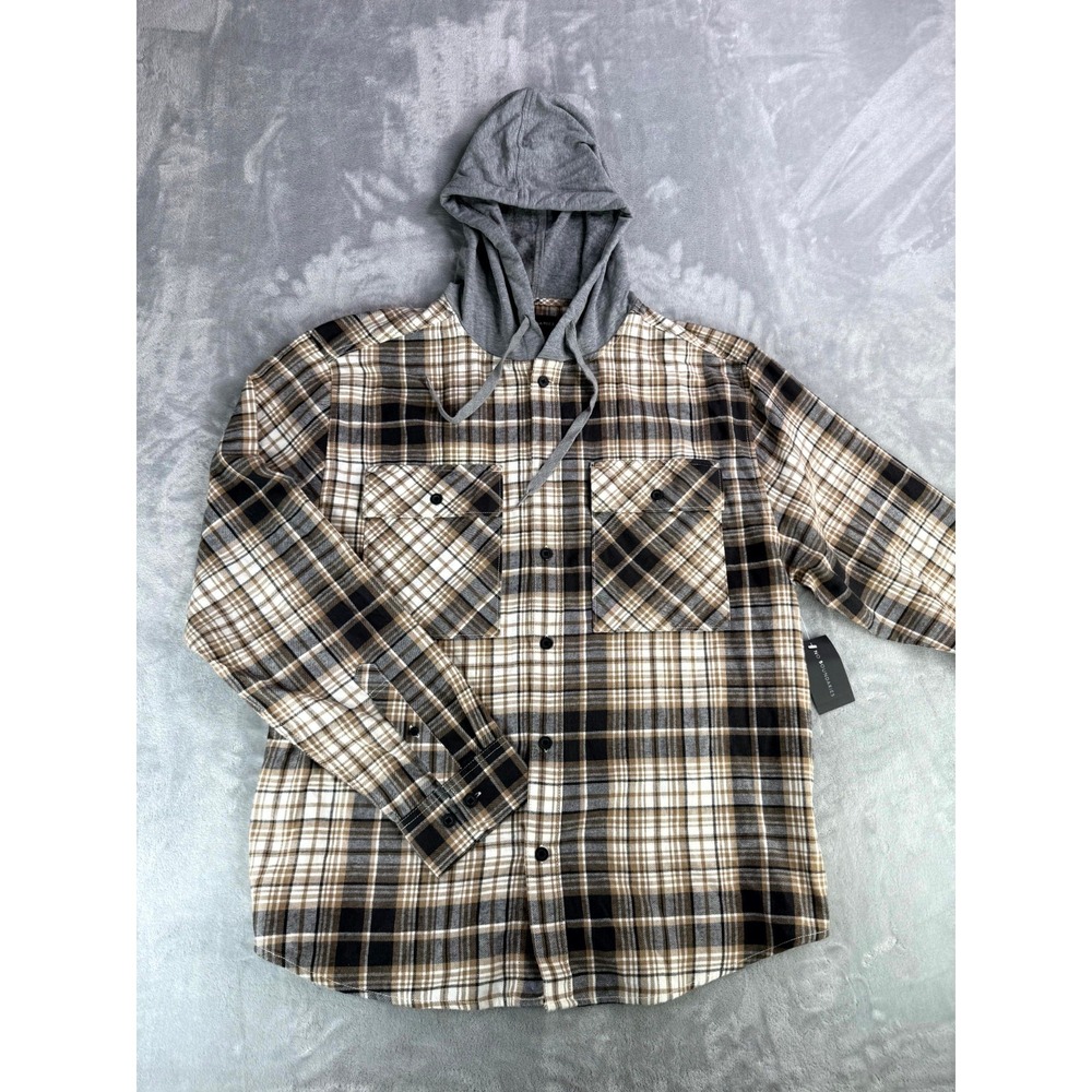No Boundaries Flannel Shirt Mens Large Brown Clay Plaid Hooded Oversized Fit